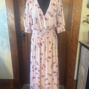 Express Pink Maxi Dress with V-neck 3/4 Bishop Sleeves